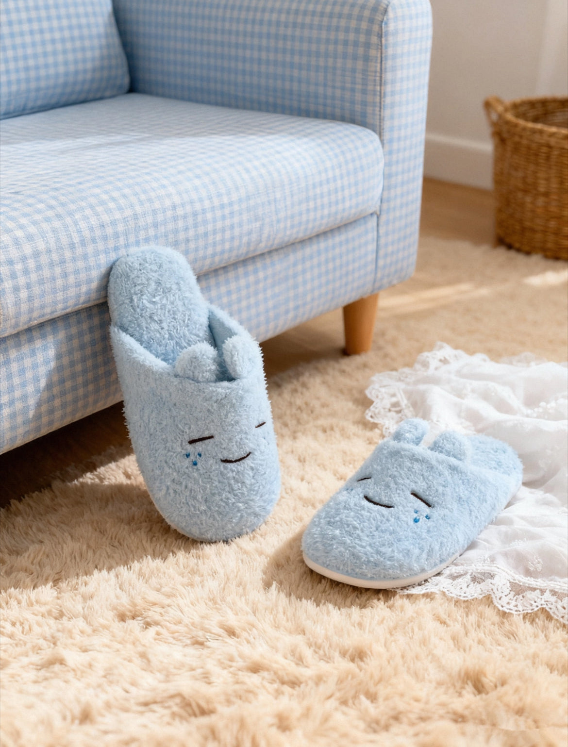 Blue Bunny Tear Fluffy Slippers