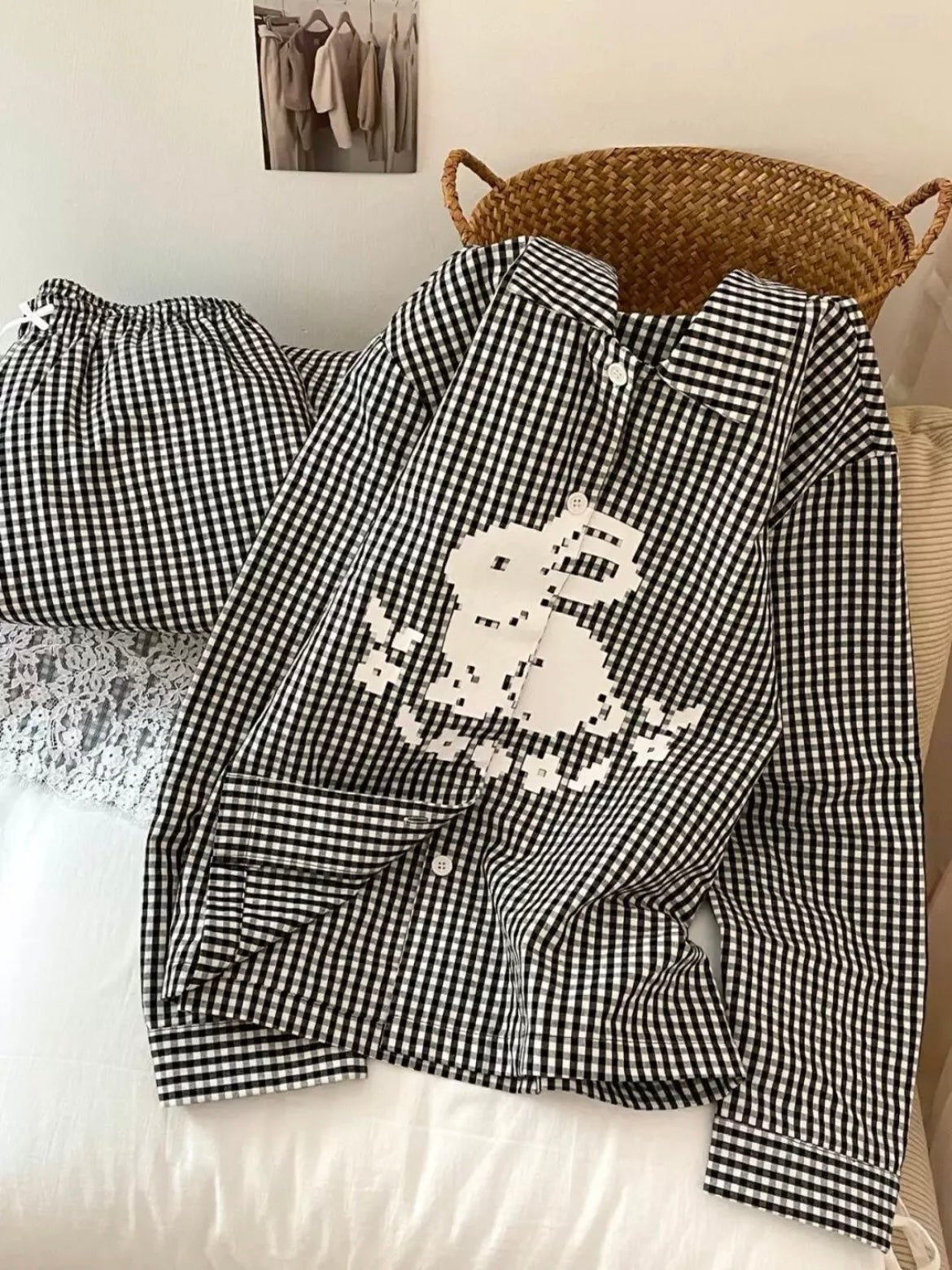 Black&White Checkered Rabbit Print Pajama Set
