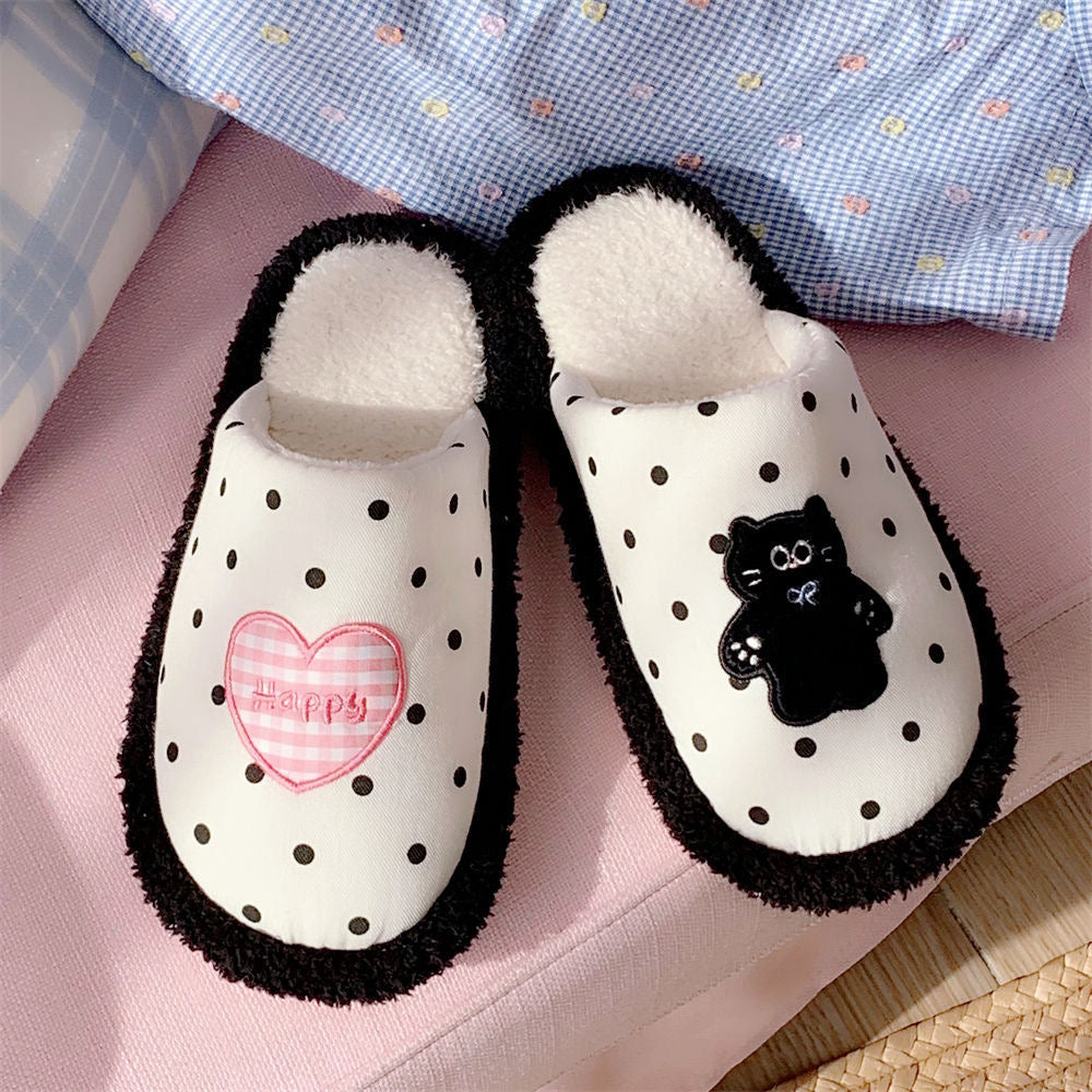 Dot-patterned Black Kitten Plush Slippers